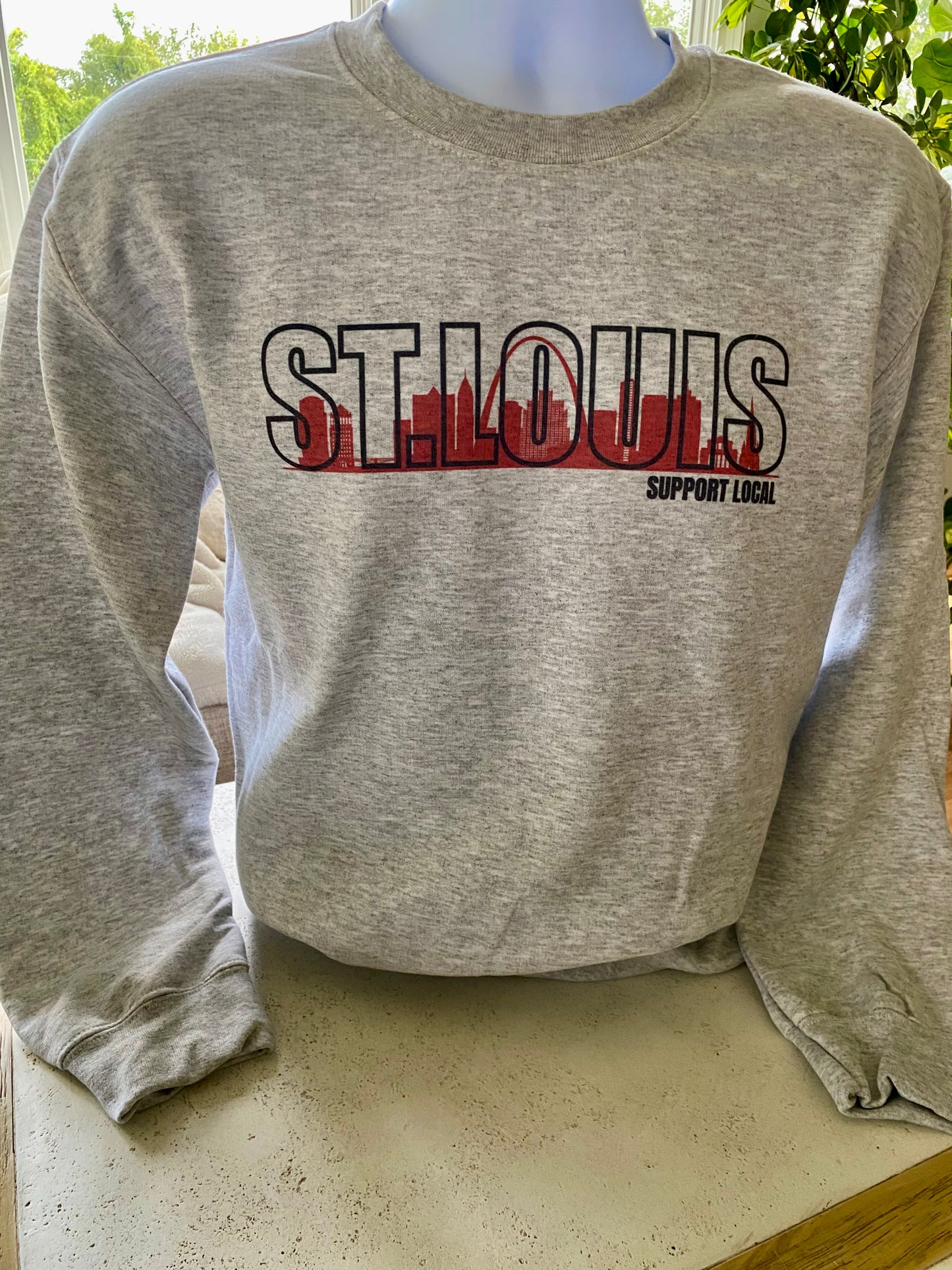 St. Louis Skyline Sweatshirt (red) -  apparel to spread the St. Louis Support Local message in STL community neighborhoods.