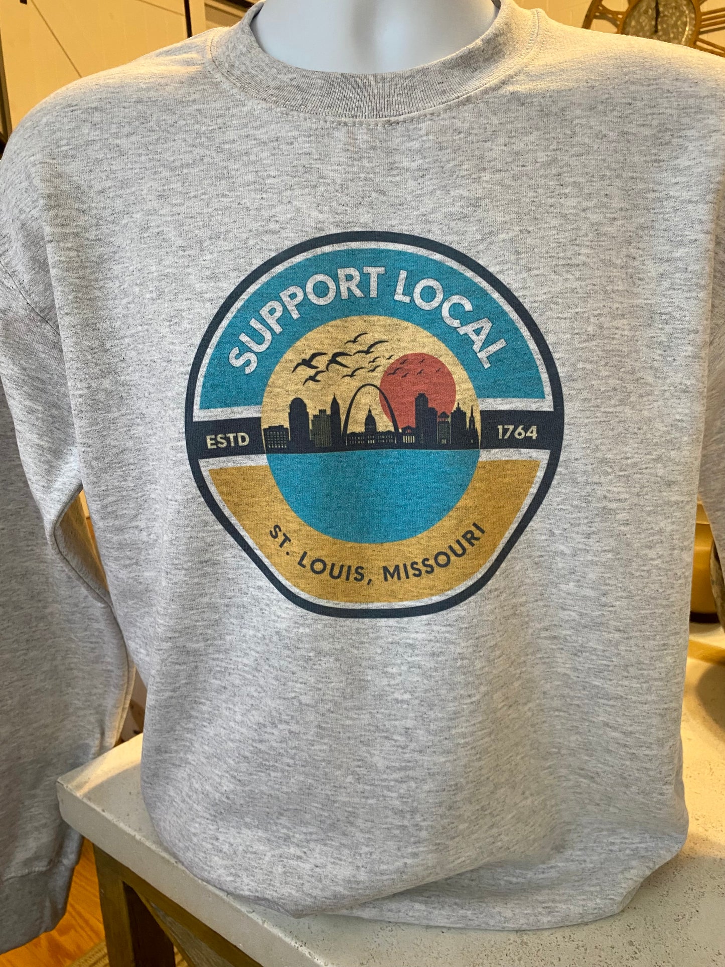 St. Louis Sweatshirt encouraging the community in St. Louis, Missouri to Support Local in city neighborhoods with this St. Louis Sunset Skyline sweatshirt apparel.