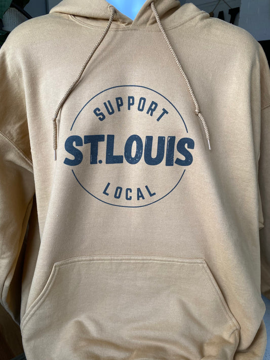 St. Louis Sweatshirt (gold) encouraging the community in St. Louis, Missouri to Support Local St. Louis businesses in city neighborhoods through apparel.