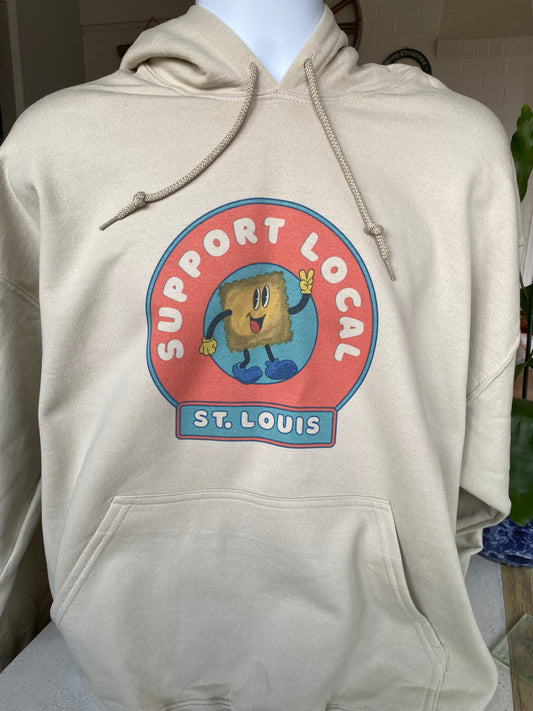 St. Louis Hoodie encouraging the community in St. Louis, Missouri to Support Local in city neighborhoods with this St. Louis Support Local Toasted Ravioli (T-RAV) hoodie apparel.